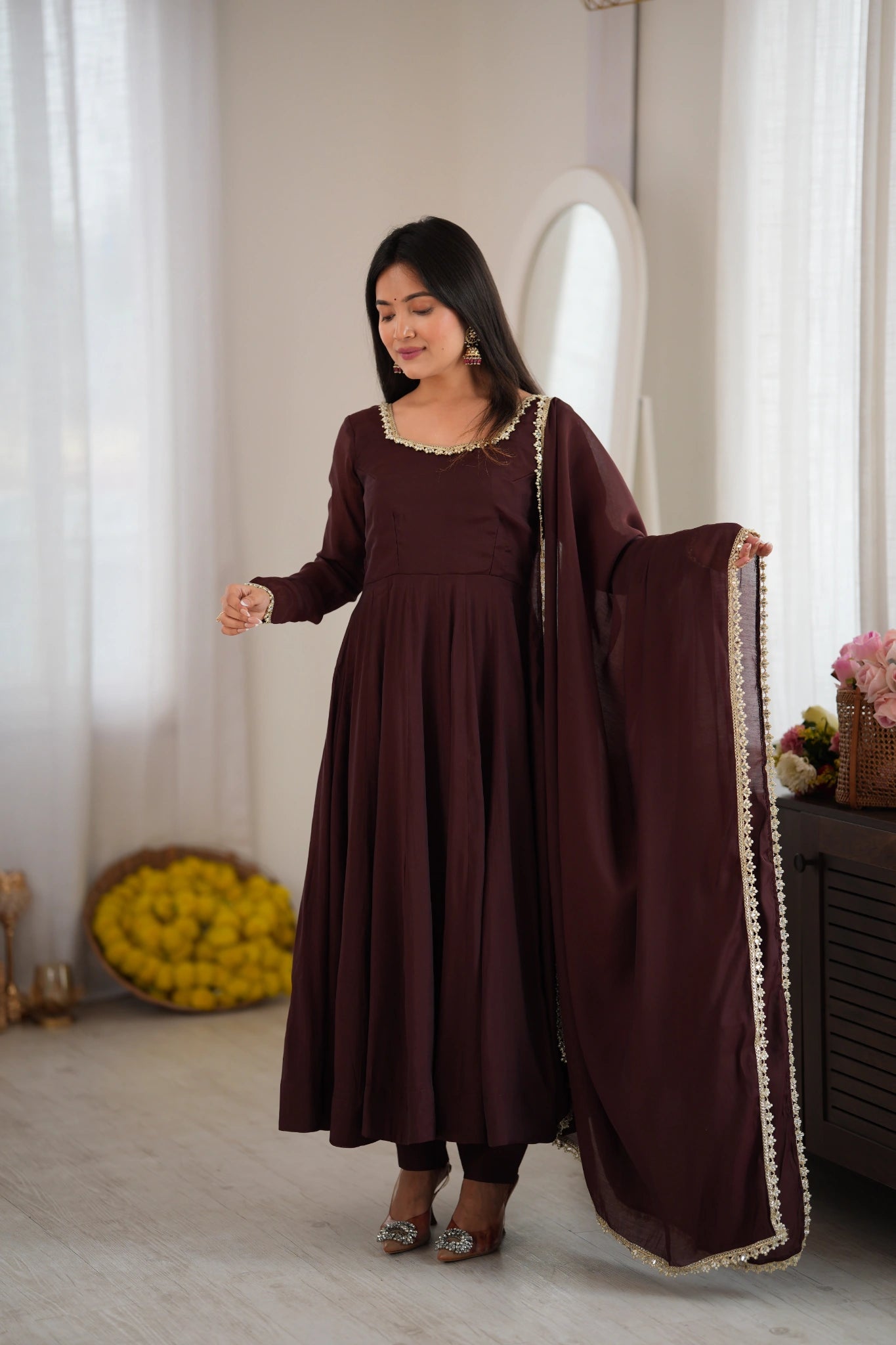Dark Brown Mul Chanderi Anarkali suit with round neck and full sleeves